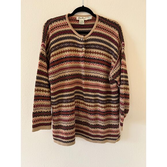 Vintage 90s EDDIE‎ BAUER Henley Sweater WOMENS L Fairisle Earth Tone Fair Isle - Picture 1 of 6